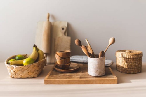 kitchen utensils on home beige background. - home decoration stock pictures, royalty-free photos & images