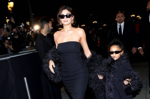 Kylie Jenner and Stormi Webster attend the Valentino Haute Couture Spring/Summer 2024 show as part of Paris Fashion Week on January 24, 2024 in...