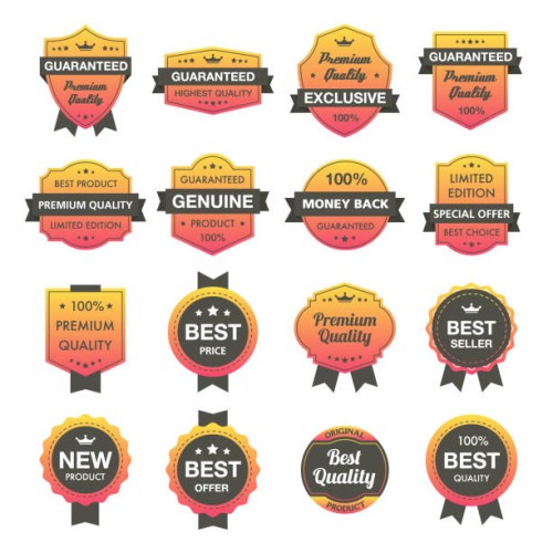 labels, badges with ribbons, guarantee, best product, genuine, premium quality - fashion stock illustrations