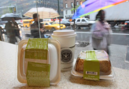 Labels on the packaging of Starbucks sandwiches show their nutritional value on April 28, 2008 in New York. New York has become the first city in the...