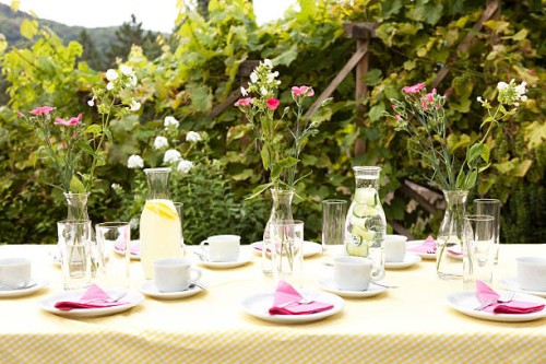 laid table in garden, decorated for a birthday party - garden decoration stock pictures, royalty-free photos & images