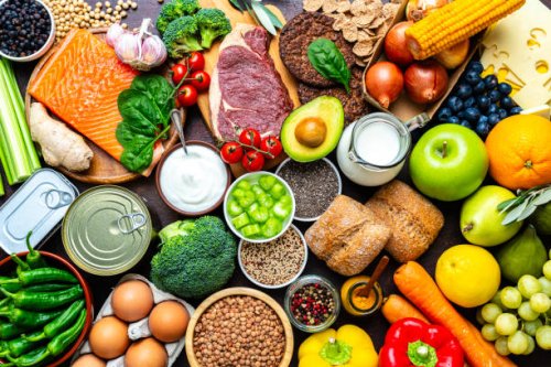 large group of raw food for a well balanced diet. includes carbohydrates, proteins and dietary fiber - food stock pictures, royalty-free photos & images