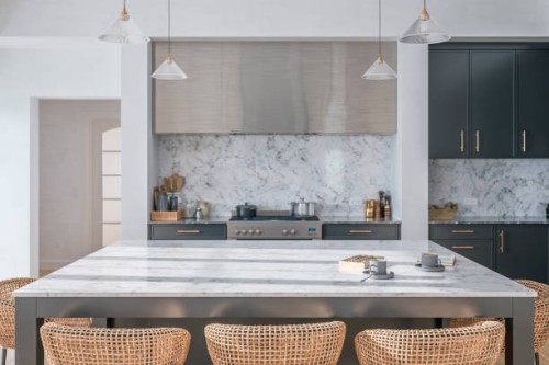 large modern gray kitchen with rectangular white and gray marble breakfast kitchen island with rattan stools - food stock pictures, royalty-free photos & images
