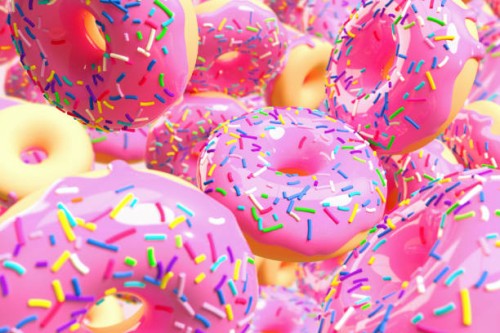 large number of pink frosted doughnuts falling. - junk food stock pictures, royalty-free photos & images