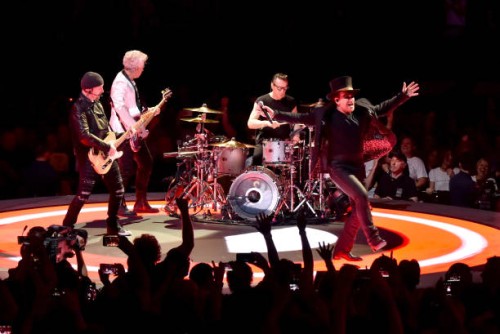 Larry Mullen Jr., The Edge, Bono and Adam Clayton of U2 perform on stage during the "eXPERIENCE & iNNOCENCE" tour at Madison Square Garden on July 1,...