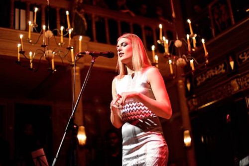 Laura Doggett performs on stage in the Sam Wamamaker Playhouse, in Concerts by Candlelight at The Globe Theatre on January 19, 2015 in London, United...