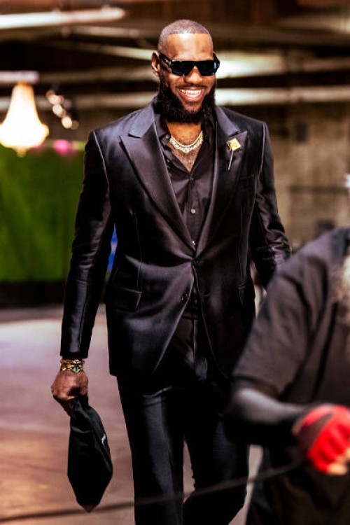 LeBron James of the Los Angeles Lakers arrives to the arena before the game against the Oklahoma City Thunder on February 7, 2023 at Crypto.Com Arena...