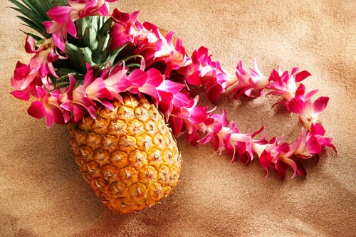 lei on pineapple at the beach - food stock pictures, royalty-free photos & images