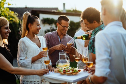 les gens en pleine fête en plein air boivent du champagne et sourient - garden decoration photos et images de collection