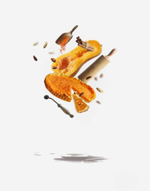 levitation of flying pumpkin pie, ingredients and baking tools at white background with shadow - food stock pictures, royalty-free photos & images