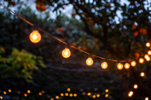 light bulbs hanging from cable against back yard - garden decoration stock pictures, royalty-free photos & images