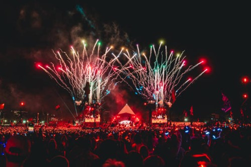 Lighting and firework display of Headlining act Coldplay on the Pyramid Stage during day four of Glastonbury Festival 2024 at Worthy Farm, Pilton on...