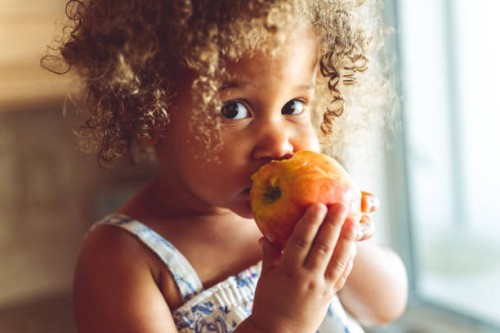 linda niña de raza mixta comiendo una manzana roja fresca, comiendo saludable en casa - food fotografías e imágenes de stock