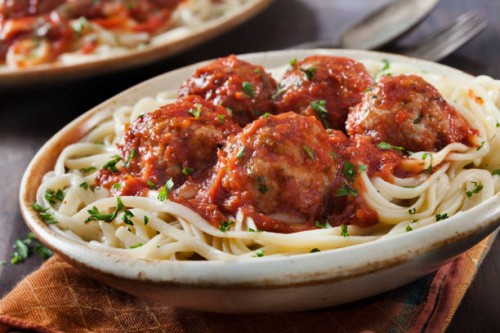 linguine with turkey meatballs in a marinara sauce - junk food stock pictures, royalty-free photos & images