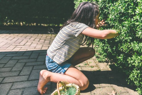 little girl looking for hidden easter eggs - garden decoration stock pictures, royalty-free photos & images