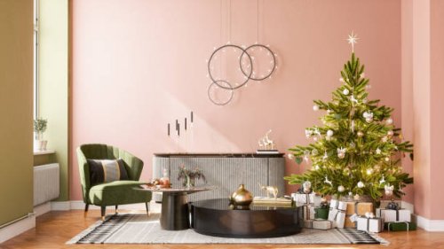 living room decorated for christmas - home decoration stockfoto's en -beelden