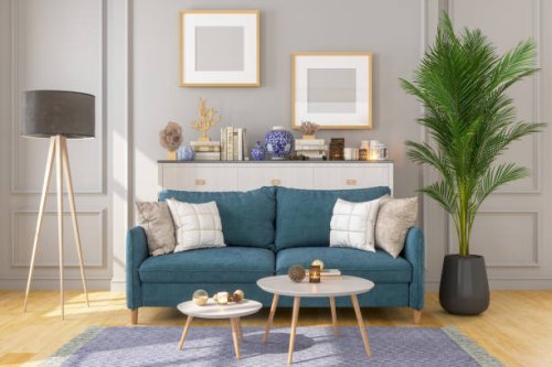 living room interior with picture frame on gray walls - home decoration stock pictures, royalty-free photos & images