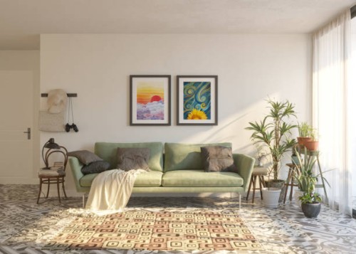living room with artworks on the wall - home decoration stock pictures, royalty-free photos & images