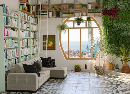 living room with sea view - home decoration photos et images de collection