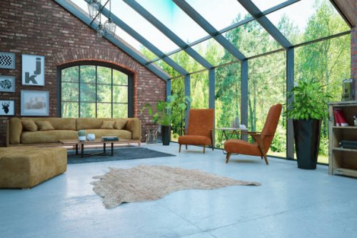 loft room with brick walls and garden view - garden decoration stock pictures, royalty-free photos & images