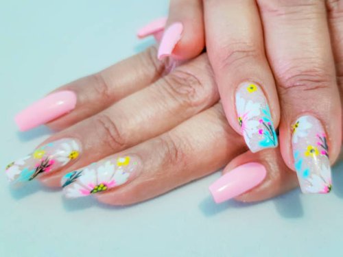 long fingernails in pink color and floral pattern - nails art stock pictures, royalty-free photos & images