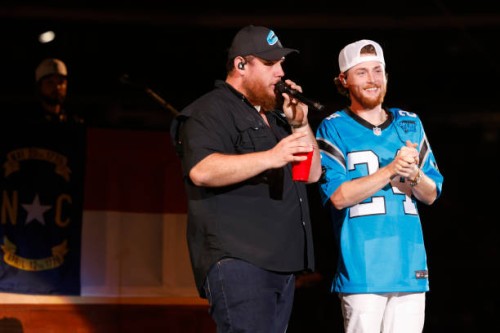 Luke Combs and Bailey Zimmerman perform onstage at the Concert For Carolina Benefit Concert at Bank of America Stadium on October 26, 2024 in...