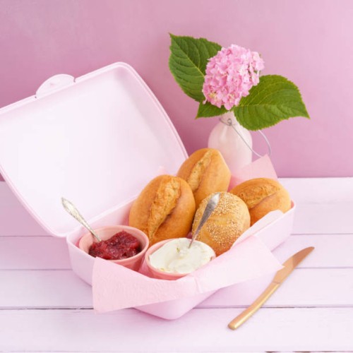 lunch box with bread rolls, jam and cream cheese - junk food stock pictures, royalty-free photos & images