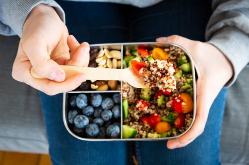 lunchbox with quinoa salad with tomato and cucumber, blue berry and trail mix - food stock pictures, royalty-free photos & images
