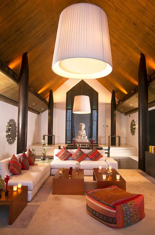 luxurious asian dining room in a tropical villa - home decoration stock pictures, royalty-free photos & images