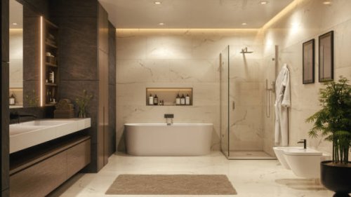 luxurious modern bathroom interior with marble finish and soft lighting - home decoration stock pictures, royalty-free photos & images
