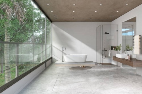 luxury bathroom interior with bathtub, shower cabin, mirror and garden view through the window - garden decoration stock pictures, royalty-free photos & images