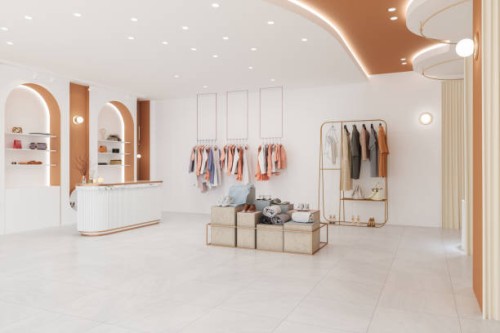 luxury clothing store interior with clothes, shoes and personal accessories - fashion stock pictures, royalty-free photos & images
