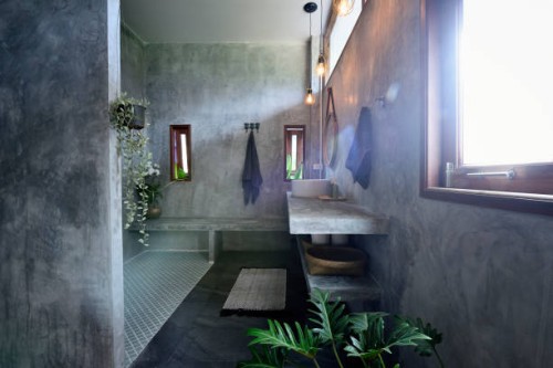 luxury concrete and tile bathroom - home decoration stock pictures, royalty-free photos & images