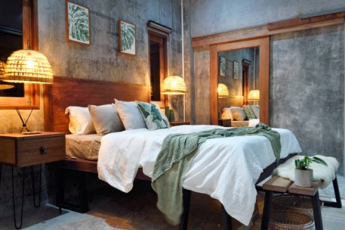luxury concrete bedroom at night - home decoration stock pictures, royalty-free photos & images