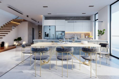 luxury home interior with staircase, refrigerator and dining table - home decoration stock pictures, royalty-free photos & images
