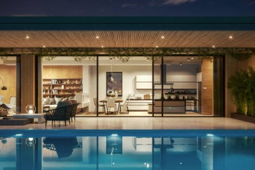luxury house with swimming pool at night - garden decoration stock pictures, royalty-free photos & images