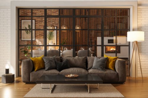 luxury living room at night with sofa, floor lamp and dining room - home decoration stock pictures, royalty-free photos & images