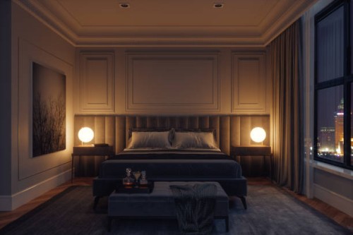 luxury modern bedroom interior at night - fashion stock pictures, royalty-free photos & images
