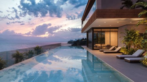 luxury tropical pool villa at dusk - travel stock pictures, royalty-free photos & images
