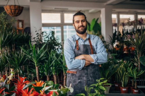 männlicher florist im blumenladen - garden decoration stock-fotos und bilder