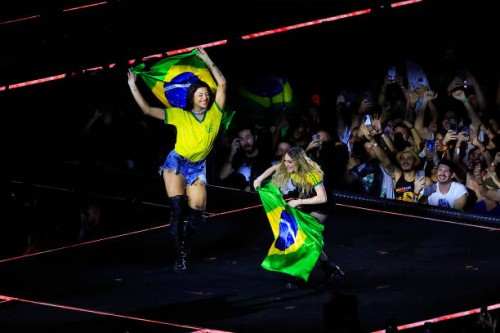 Madonna and Brazilian singer Pabllo Vittar show Brazilian flags on stage during a massive free show to close "The Celebration Tour" at Copacabana...