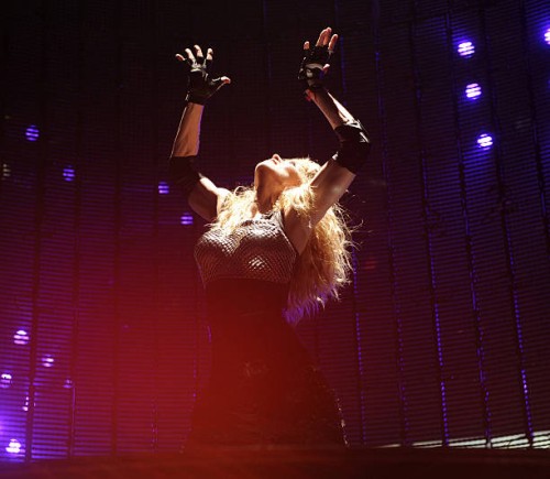 Madonna performs during the "Sticky & Sweet" tour at the IZOD Center on October 4, 2008 in East Rutherford, New Jersey.
