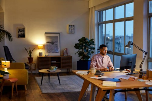 male professional using computer at apartment - home decoration stockfoto's en -beelden