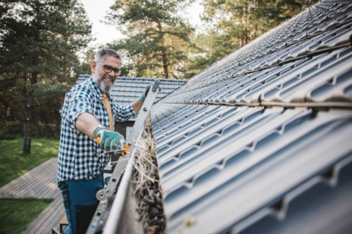 man cleaning leaves from guttering of house - home decoration stock pictures, royalty-free photos & images