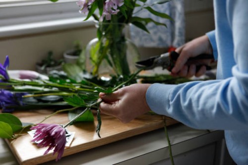 man in kitchen cutting flowers for arrangement, close-up - garden decoration stock-fotos und bilder