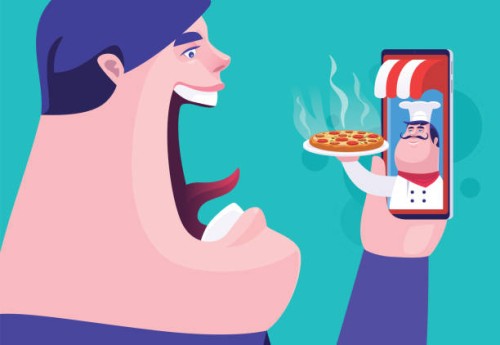 man surprising while looking at chef holding pizza and emerging from online store on smartphone - junk food stock illustrations