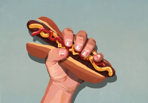 mans hand squeezing hot dog - junk food stock illustrations