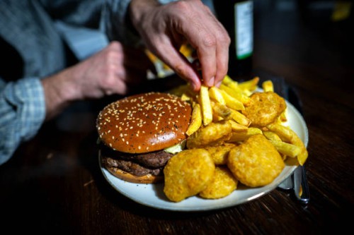 March 2025, Bremen: ILLUSTRATION - A burger, fries and nuggets on a plate. Photo: Sina Schuldt/dpa