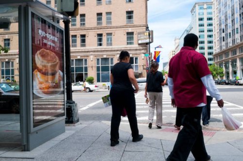 mcdonald's ad and hotel harrington in washington dc - junk food stock pictures, royalty-free photos & images