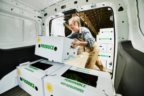 medium shot of smiling farmer putting freshly packed csa boxes into delivery van - food stock pictures, royalty-free photos & images